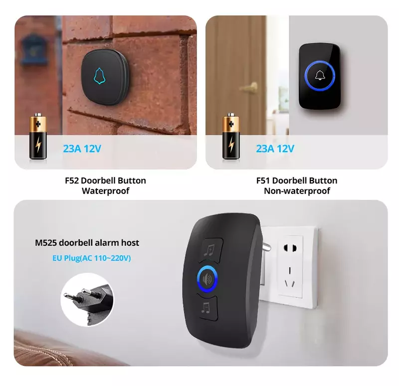 TOWODE Wireless Doorbell System EU Plug 433Mhz Home Security Welcome Smart Doorbell Kit 4 Level Volumes 32 Musics Adjustable