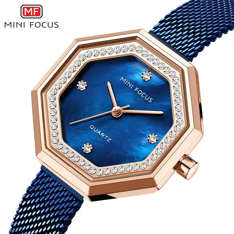 Mini foco senhoras relógios de moda azul relógio para mulher quartzo urbano lazer marca superior relógios malha cinta aço relogio feminino