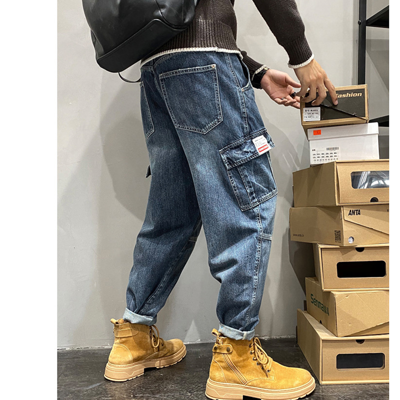 Streetwear homem novo padrão azul mop calças moda hip hop vários bolsos ampla perna macacão temperamento versátil jeans outono