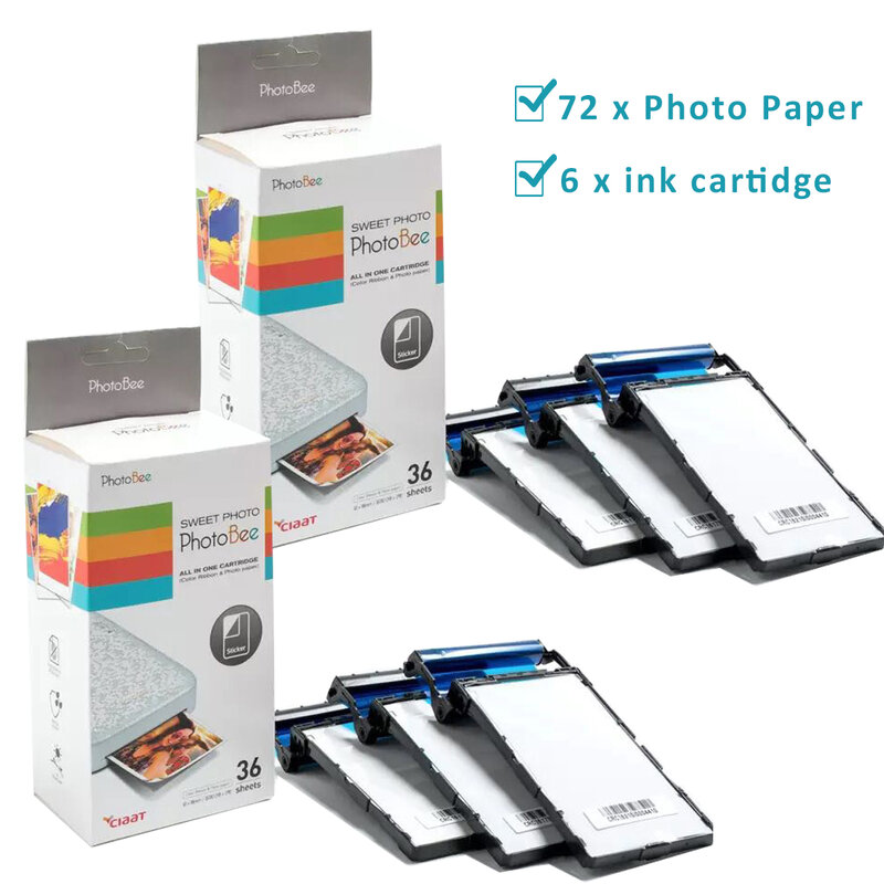 72Sheets Photo Paper and 6 pcs Ink Cartidge For PhotoBee Photo Printer Inkless Printing Android IOS Printers