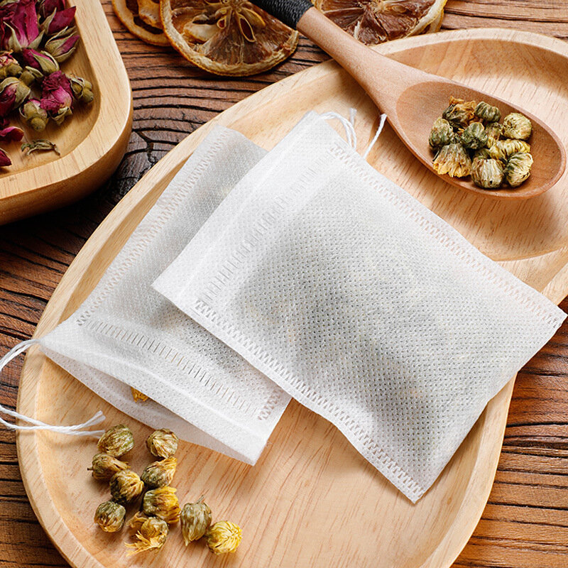Sachets de thé jetables en tissu Non tissé, 100 pièces, avec ficelle, scellé, filtre à épices, pour tisane en vrac
