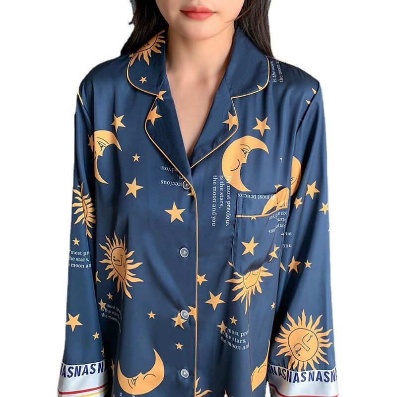 2022 nova homewear cetim chiffon pijamas feminino primavera verão manga comprida lapela fina solta legal terno de duas peças loungewear