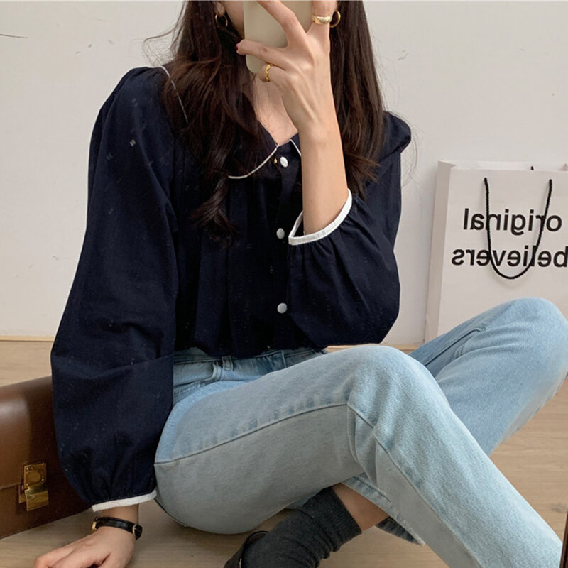 Shintimes Peter pan Collar Button Blouse Korean fashion Woman Clothes 2022 Spring Autumn Long Sleeve Shirt Women Chemisier Femme