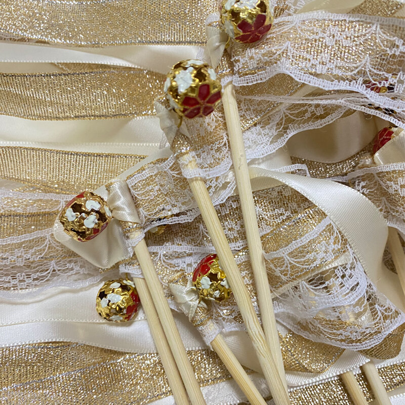 Varinhas coloridas da fita das varinhas da fita para a festa de casamento 50/20/10 pces varinhas do casamento da vara da fita do ouro com sinos do ouro