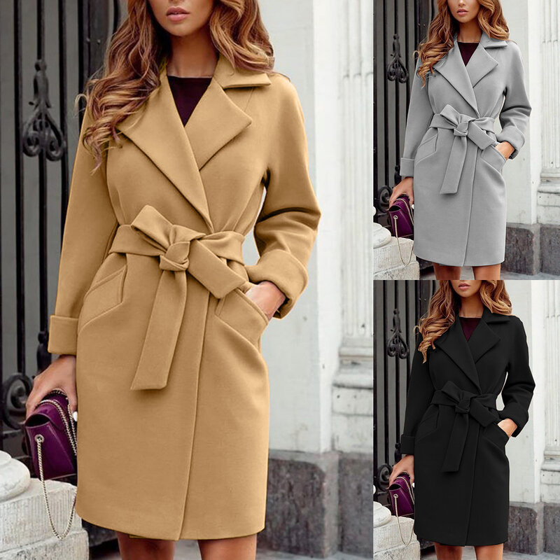 ผู้หญิง Elegant Long Coat กับเข็มขัดสีทึบแขนยาว Chic Outerwear สุภาพสตรีไหล่เสื้อกันหนาว2022