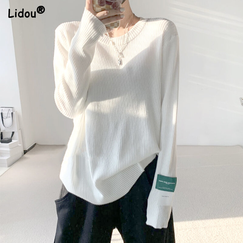 Simple White Long Sleeve T Shirts Fashion Causal Comfortable Loose Knitting Tops Solid Color Wild Spring Autumn Women Clothing