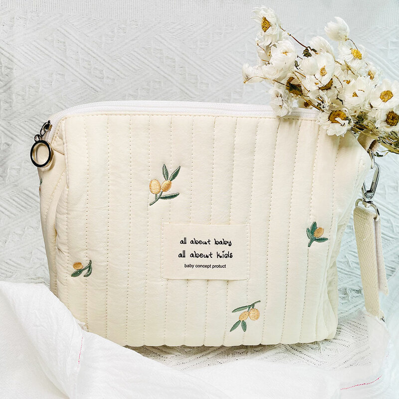 Mommy Single Shoulder Bag Zipper Embroidery Cute Bear Print Creamy Color Mom Bag Outing Baby Stroller Diaper Bags Simple Style
