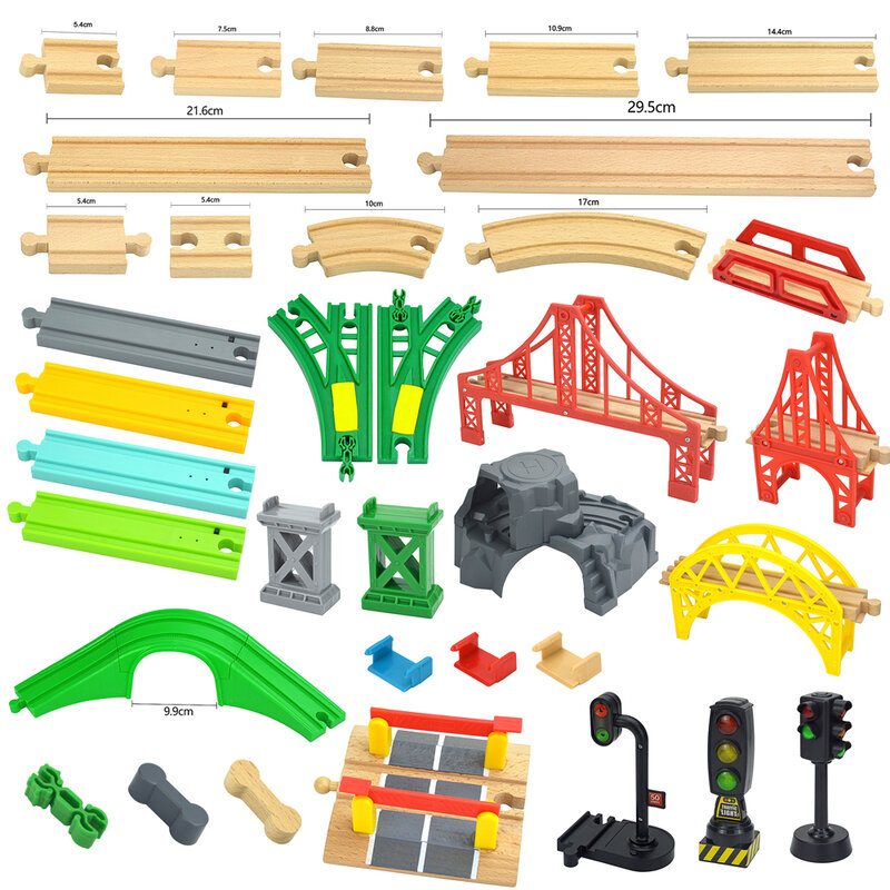 Wszystkie rodzaje drewniane akcesoria do torów drewno bukowe pociąg kolejowy zabawki na tor pasują do wszystkich marek Biro drewniane tory zabawki dla dzieci