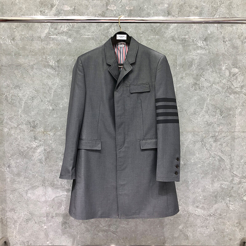 THOM Wool Overcoat Autumn Winter Classic 4-Bar Stripe Men's Jackets Luxury Brand Gray Blazers Coats Long TB Suit Coat