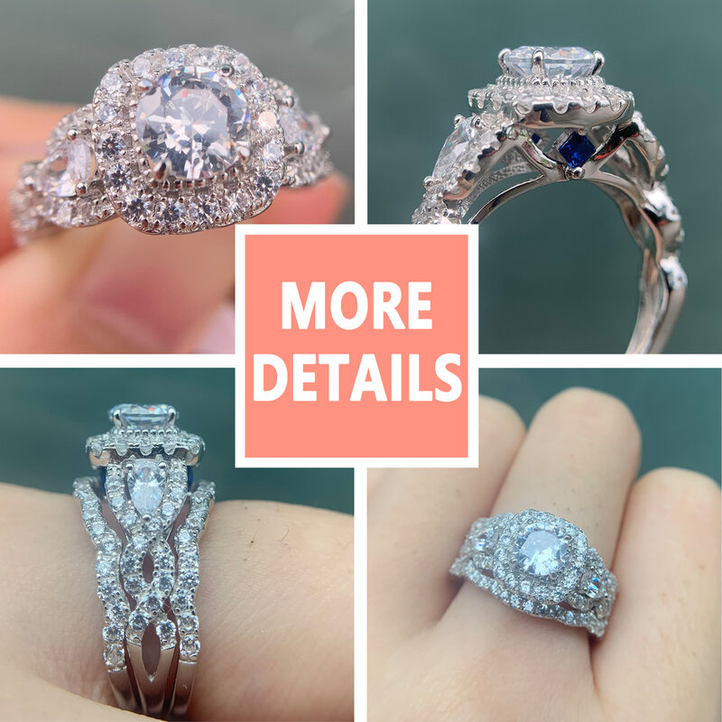 Wuziwen Three-Stone 2.7Ct Halo Engagement Ring Set for Women 100% 925 Sterling Silver AAAAA Zircon Luxury Bridal Jewelry