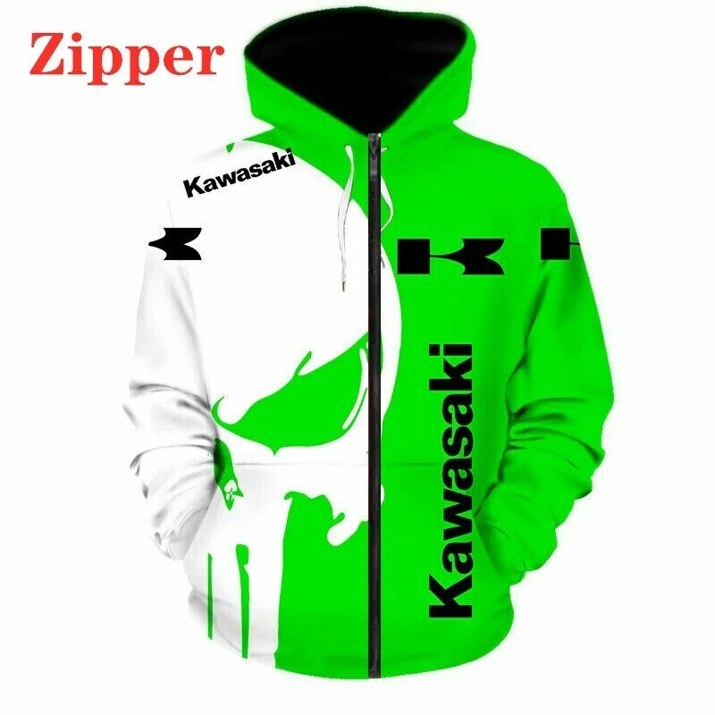 2022 New Fashion Kawasaki Logo felpa con cappuccio 3D stampa digitale uomo abbigliamento sportivo Harajuku giacca Casual abbigliamento moto Zip verde Hoodi
