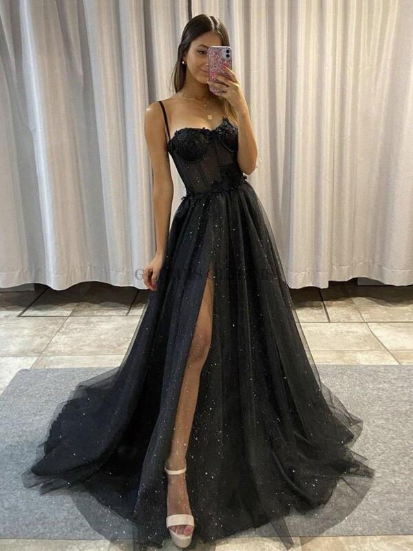 Black Glitter A Line Tulle Prom Dresses Spaghetti Straps Sweetheart Bones Side Slit 3D Flowers Evening Gowns