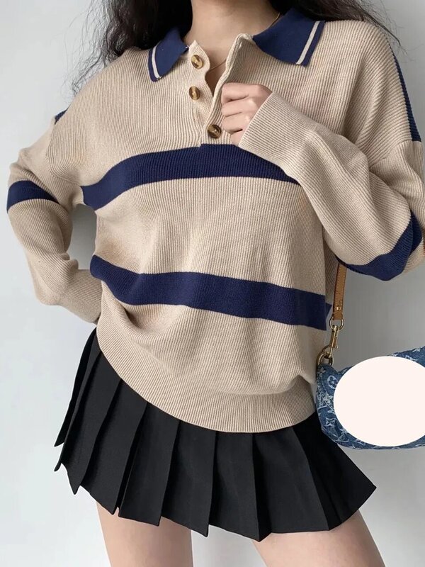 Retro kołnierzyk Polo bez ramiączek kontrastowy kolor paski swetry w stylu Casual kobiety 2022 jesienno-zimowa seksowna wąska na guziki dzianina dla kobiet