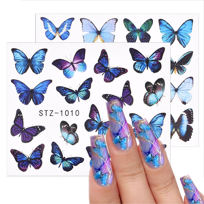 3D Blau Aquarell Schmetterling Aufkleber Decals Blumen Tattoo Sliders Wraps Maniküre Sommer Thema Nagel Kunst Dekoration Großhandel