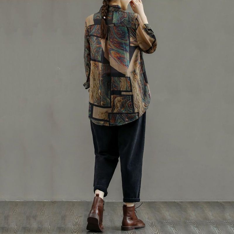 QWEEK Vintage koszule w stylu Harajuku eleganckie bluzki damskie ponadgabarytowe damskie odzież wierzchnia Casual z długim rękawem topy ubrania Retro nowy Trend