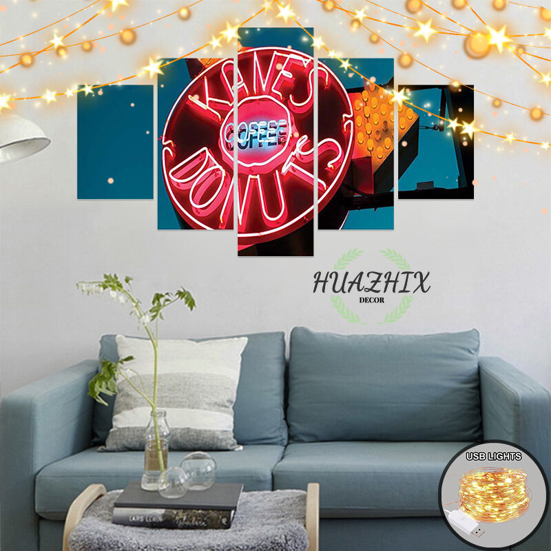 Canvas Painting with Lights 5 Pieces Picture Neon Living Room Bedroom Mural Home Decor Wall Art Decoration Home Aesthetic Poster