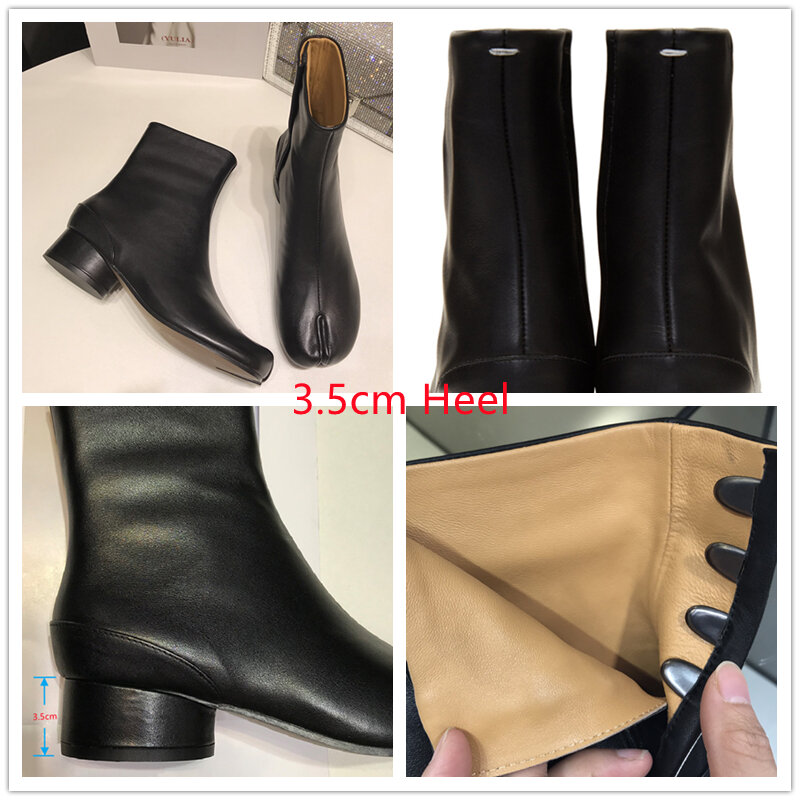 Sepatu bot kulit wanita, Kasut Ninja Tabi Ankle desain merek mewah MM6 hak bulat 7.5cm / 3.5cm