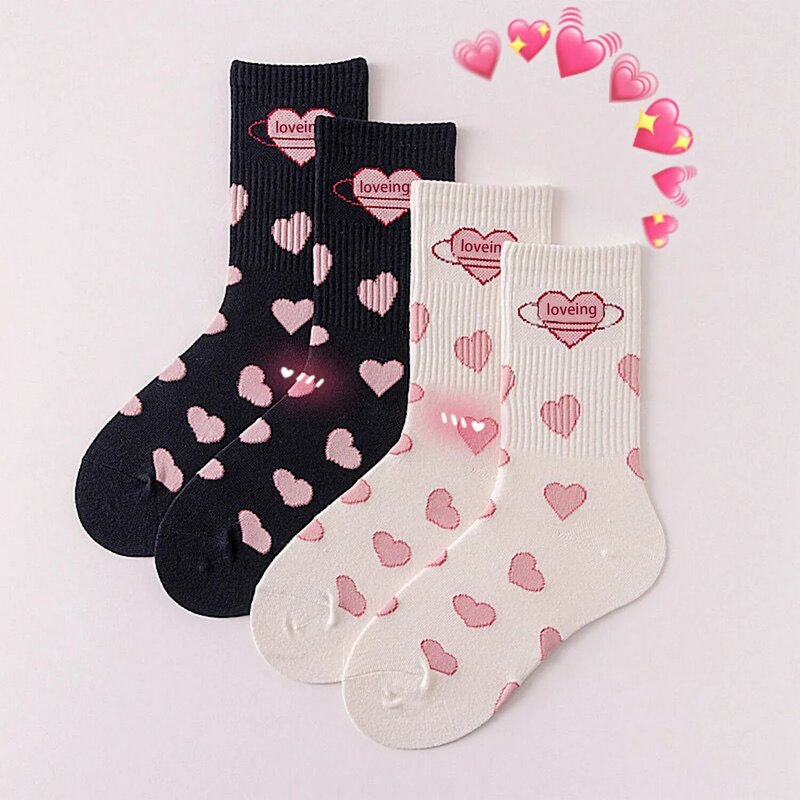 2 Pairs Big Pink Love Heart Black White Mid-tube Cute Students Girls JK Lolita Japanese Korea Socks Simple Fashionable Socks