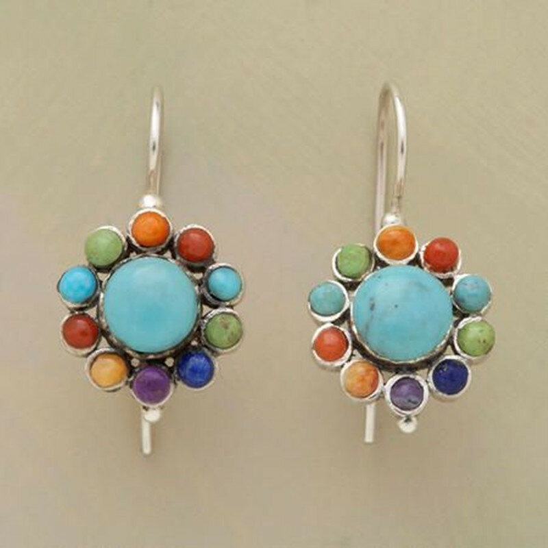 New Boho Vintage 925 Silver Filling Multicolor Turquoise  Round Earrings Ethnic Personality Drop Earrings for Women