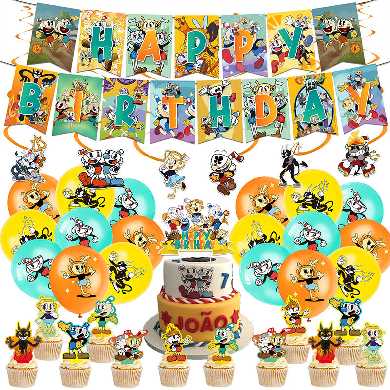 1Set Game Cuphead Verjaardag Ballonnen Decoratie Mugman De Duivel Legendarische Kelk Banners Cake Topper Baby Shower Event Supplies