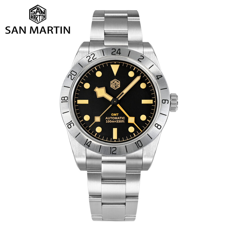 San Martin 39Mm Bb Gmt Vintage Luxe Mannen Horloge Roestvrij Staal Bezel Automatische Mechanische Top Hoed Sapphire 10 Atm groene Lume
