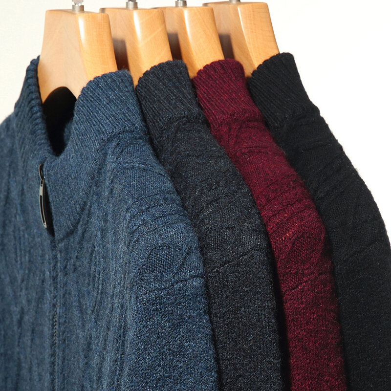 Suéter de cachemira para hombre, cárdigan de punto de lana pura 100% Jacquard, cuello levantado, abrigo de punto grueso de color sólido, Otoño e Invierno