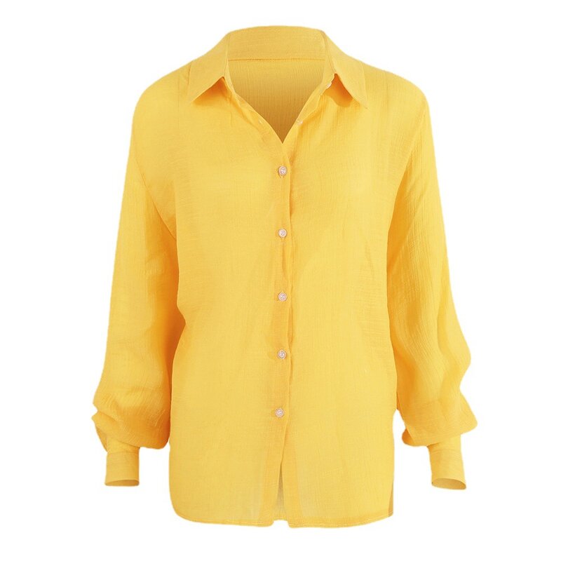 Camisa holgada de manga larga para mujer, camisa informal de estilo europeo y americano con cuello tipo Polo y una hilera de botones, novedad de 2023