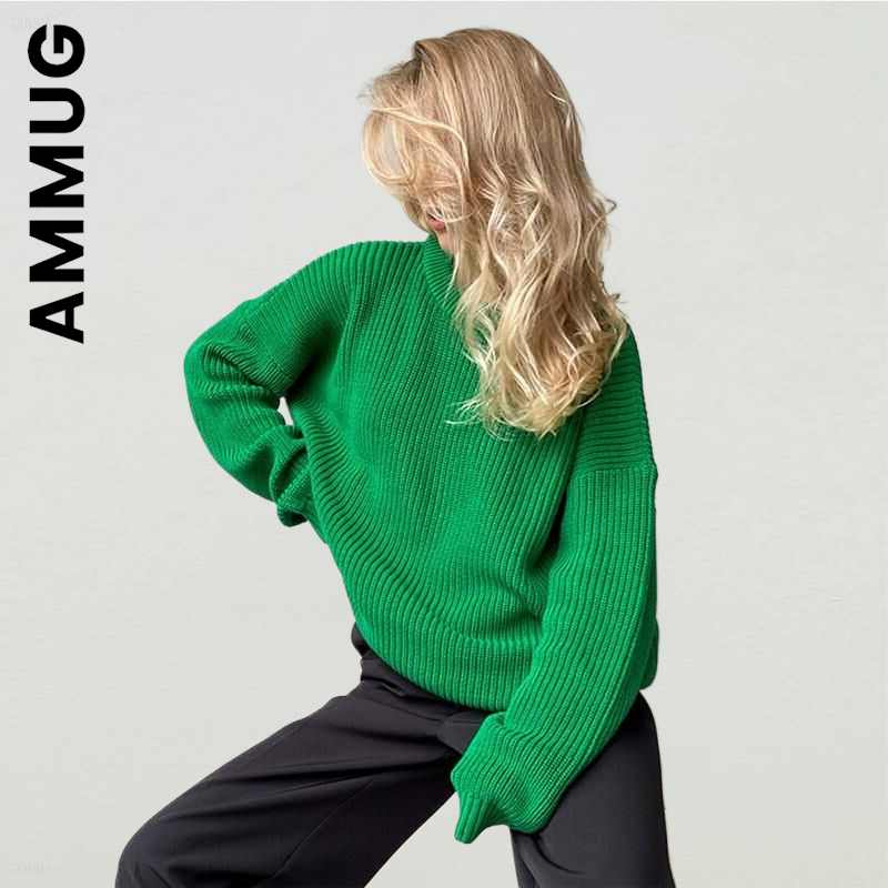 Ammug-suéter de punto con cuello redondo para mujer, suéter de punto elegante, de manga larga, Estilo Vintage, barato, Sexy