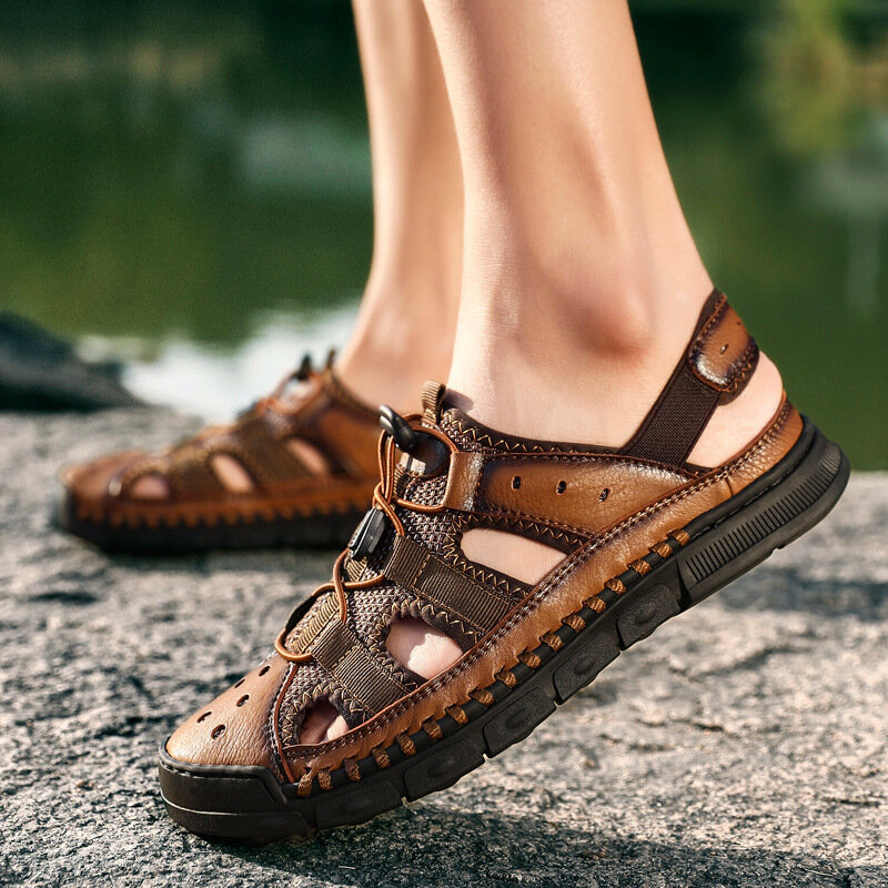Sandalias de piel auténtica para hombre, zapatos de verano para playa, moda para exteriores, novedad de 2021