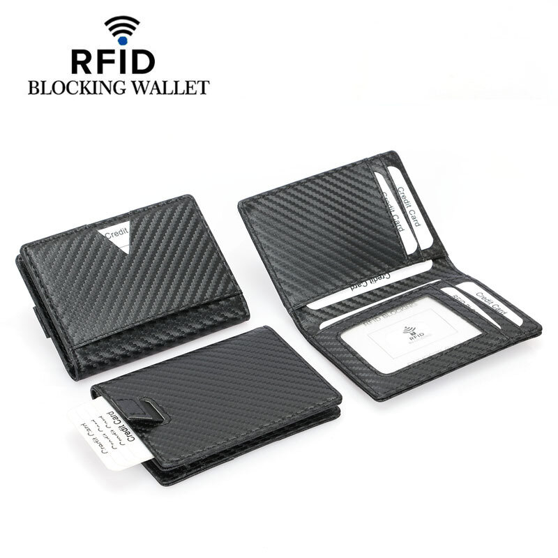 Porta carte di credito in fibra di carbonio con blocco Rfid porta carte di credito da uomo corto e durevole sicuro porta biglietti da visita in fibra di carbonio