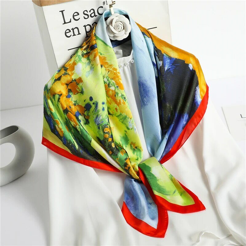 Foulard carré en Satin de soie imprimé pour femmes, Hijab, Bandana, nouvelle mode, châles floraux, sac portefeuille, bandeau, 90x90cm, 2021