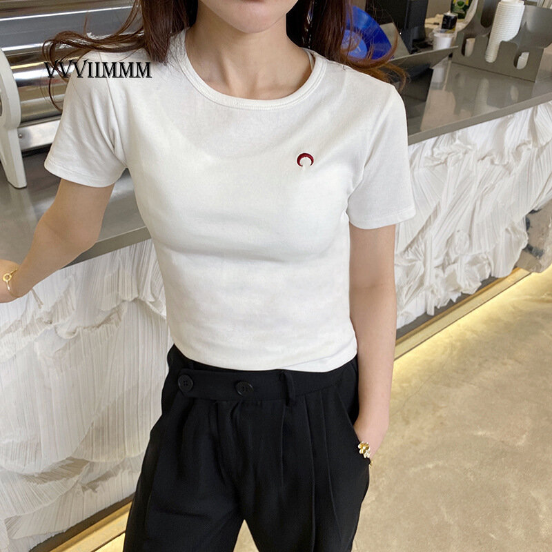 Camiseta de primavera y verano para mujer, de temperamento ajustada con cuello redondo Camiseta blanca, camisa de fondo de manga corta, Top de media manga, ropa para mujer