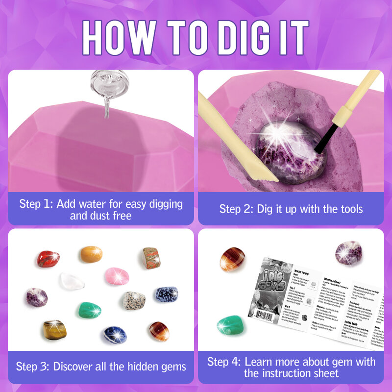 Educational Toy Gemstone Dig Kits For Kids 12 Gem Excavation Kit 12 Real Precious Stones for Kids Mineralogy Geology STEM Gifts