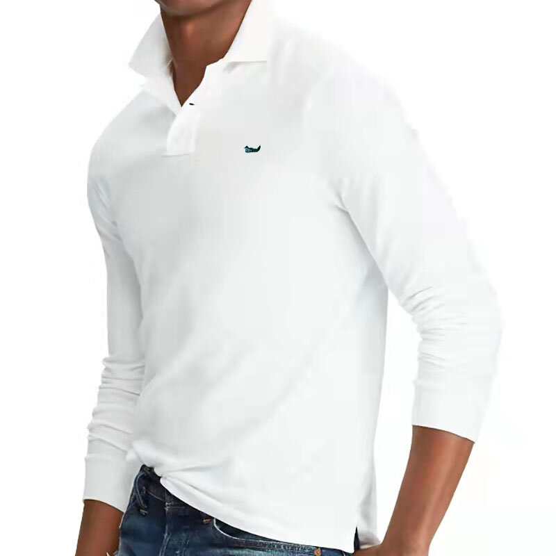 Camisa polo de manga comprida casual masculina da lapela da camisa do polo da luva de algodão