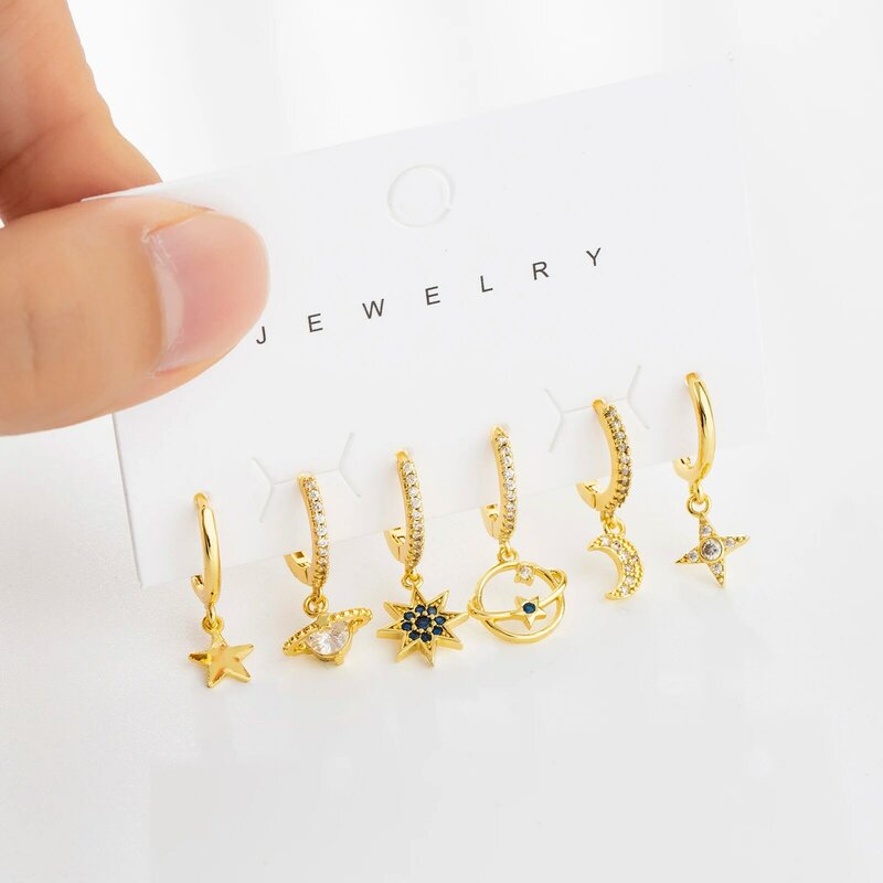 SIPENGJEL 6 Pcs Fashion Cubic zircone Moon Star orecchini a cerchio piccoli Set orecchini pendenti in oro per le donne Set di gioielli alla moda