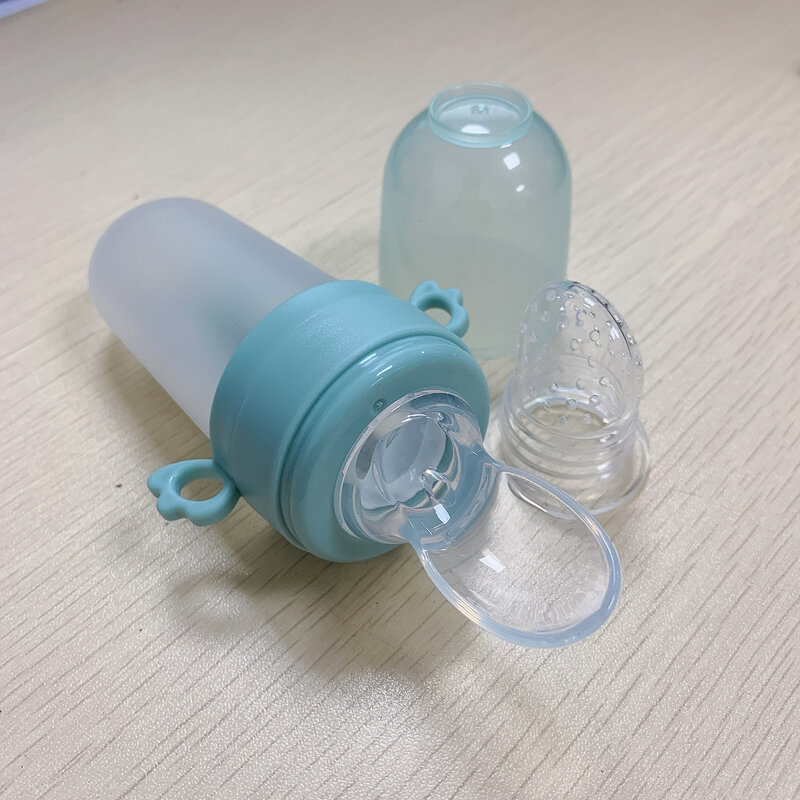 Baby Feeding Bottle +Teething Mesh Bag Silicone Teether Rice Paste Squeeze Bottle Spoon Feeder Food Container Infant Utensils