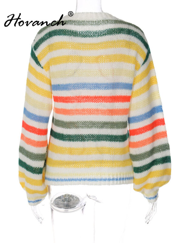 Hovanch-suéter de punto a rayas para mujer, jersey de manga larga con cuello redondo, ropa de calle, moda de invierno, 2022