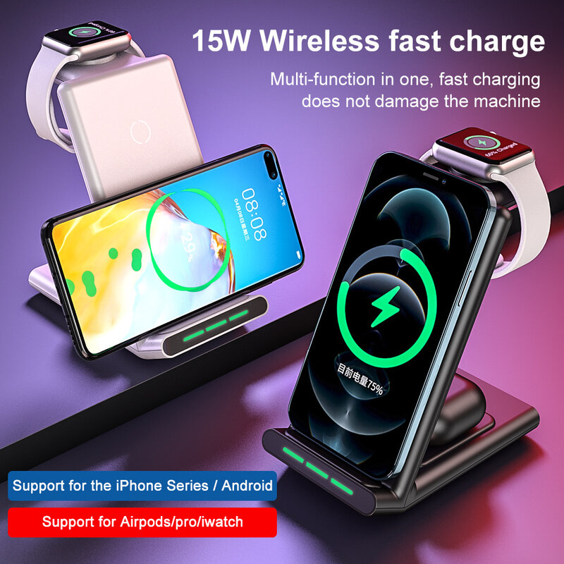 3 In 1 Wireless Charger 15W Fast Charging สำหรับ iPhone 13 12 Samsung ไร้สายเครื่องชาร์จ Dock Station สำหรับ Apple นาฬิกา SE AirPods Pro