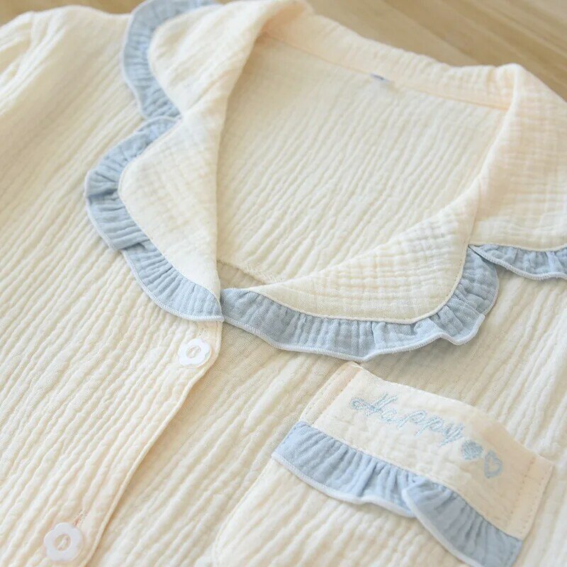Set Piyama Gadis Pakaian Tidur Pakaian Santai Celana Pendek Lengan Pendek Kerah Warna Kontras Segar Renda Lembut Krep Musim Panas Pakaian Rumah Keren
