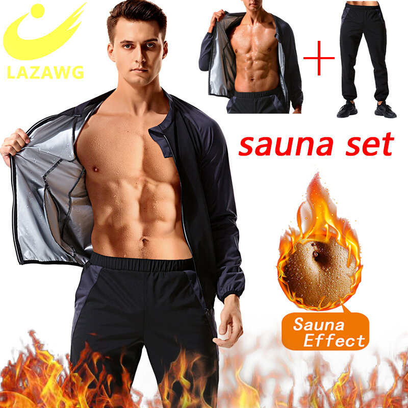 LAZAWG – ensemble de survêtements pour hommes, combinaison de Sauna, manches longues, chemise façonnant le corps, veste de gymnastique, Shorts de Fitness, combustion des graisses