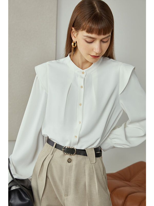 FSLE Office Lady White Retro Flying Sleeve Shirt donna nuovo autunno 2021 camicia a maniche lunghe con colletto rialzato