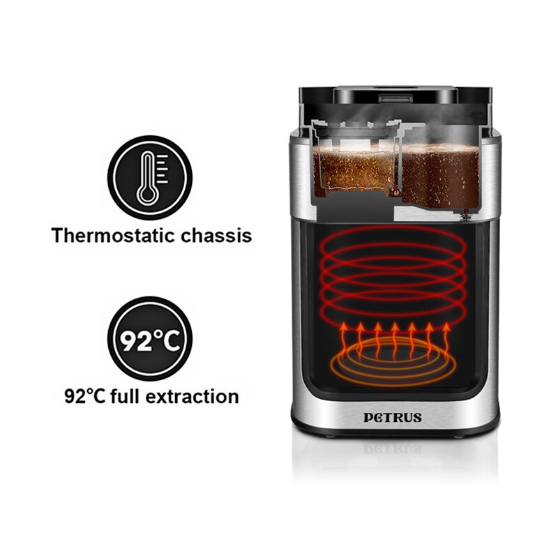 페트러스 전자동 드립 커피 메이커, 컵 포함, 프로그래밍 가능한 커피 머신, 1.2L 물 탱크, 조절 가능한 커피 콩 그라인드