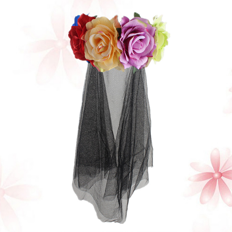 يوم من تاج زهرة الميت عقال ، الحجاب الأزهار خوذة المكسيكي الأزهار خوذة للحزب (نمط أسود)