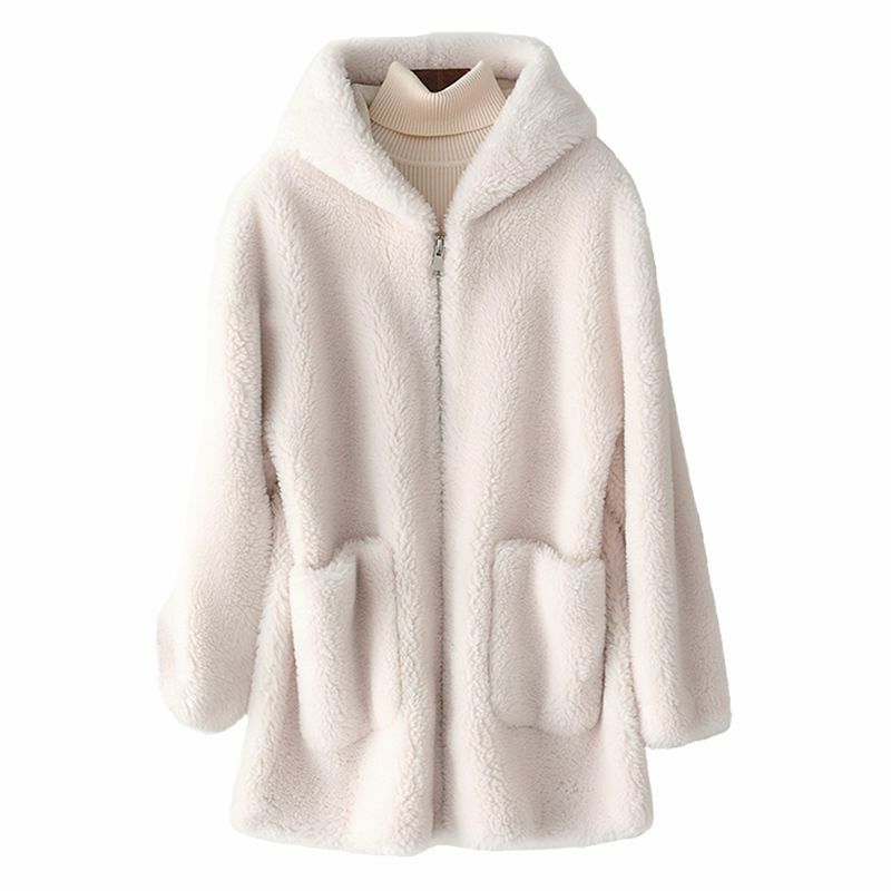 2022 Autumn Winter Sheep Shearling Jacket Ladies Warm Real Fur Coat Women Natural Fur Hooded Genuine Fur Outwear Female Clothes