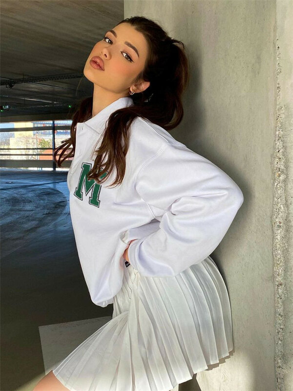 Harajuku felpa oversize bianca donna moda coreana bottone pullover con colletto rovesciato allentato carino Top vestiti Iamhotty