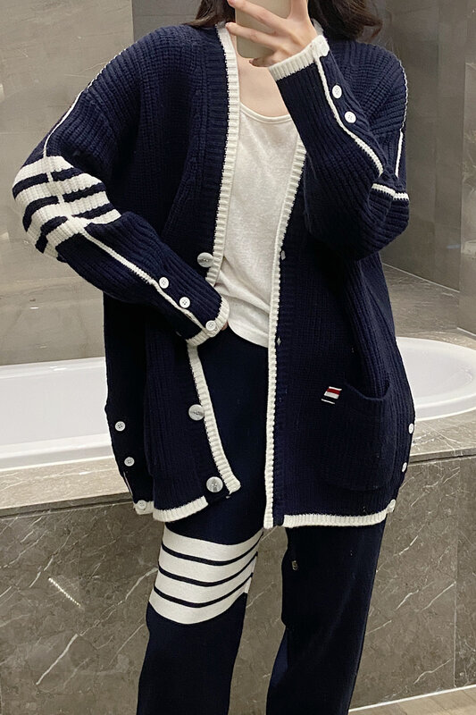 TB – Cardigan tricoté en laine à rayures avec aiguilles épaisses pour femme, pull-over blanc, ample et fin, col en v, dos, quatre bars, automne et hiver