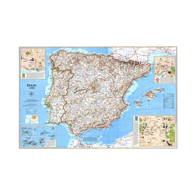A2 rozmiar europa częściowa mapa turystyczna włóknina mapa narodowa hiszpanii i portugalii nauka edukacja dostarcza dekoracje ścienne plakat