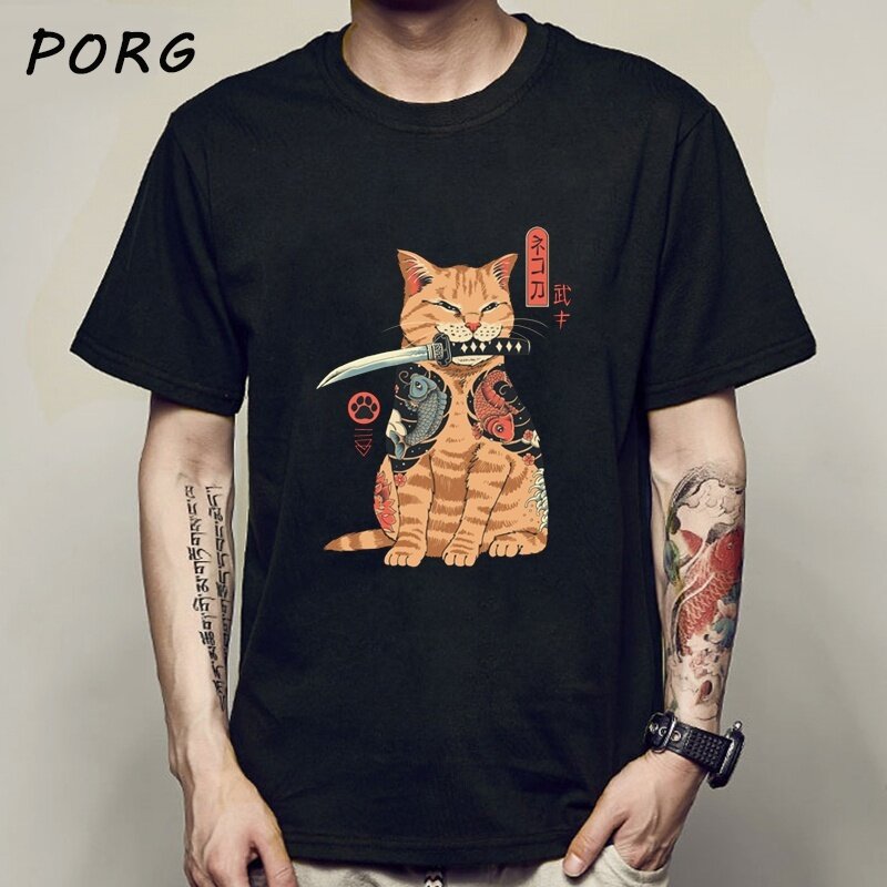Camiseta de Catana para hombres y mujeres, camisa de manga corta con estampado de gato de anime japonés, tops informales y sueltos, de verano