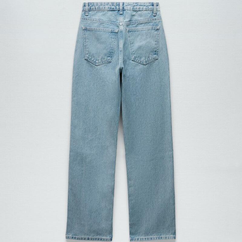 Pb & za primavera nova moda feminina retro all-match cintura alta costura decoração casual bolso botão jeans retos