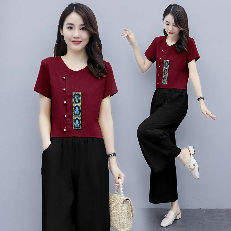 2022 Summer New Vintage Elegant Women's Pants Set Short Sleeve Embroidery Look at T-shirt Wide Leg Trousers Thin Two-piece Set